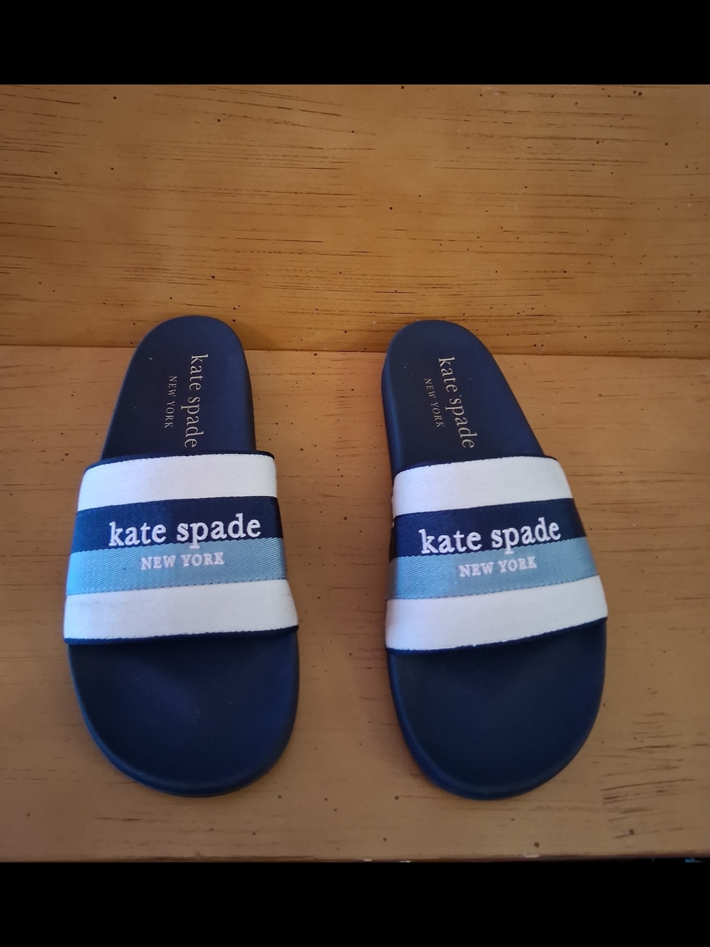 kate spade Navy, White and Light Blue Striped Slide Sandals